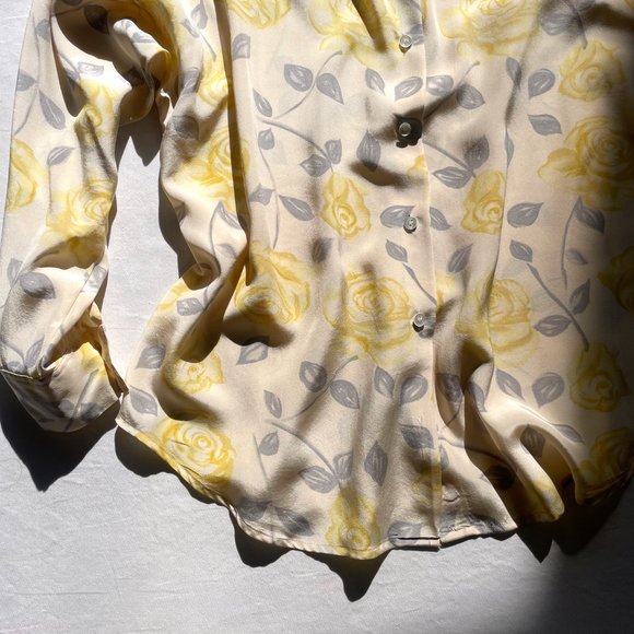 Vintage RODIER Paris Long Button-Up Yellow Rose Floral Silk Blouse sz 40 10 - Picture 8 of 12